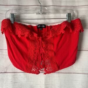 Eilly Bazar Red Strapless Crop Top Lace Up Corset Front Crochet Detail Size M